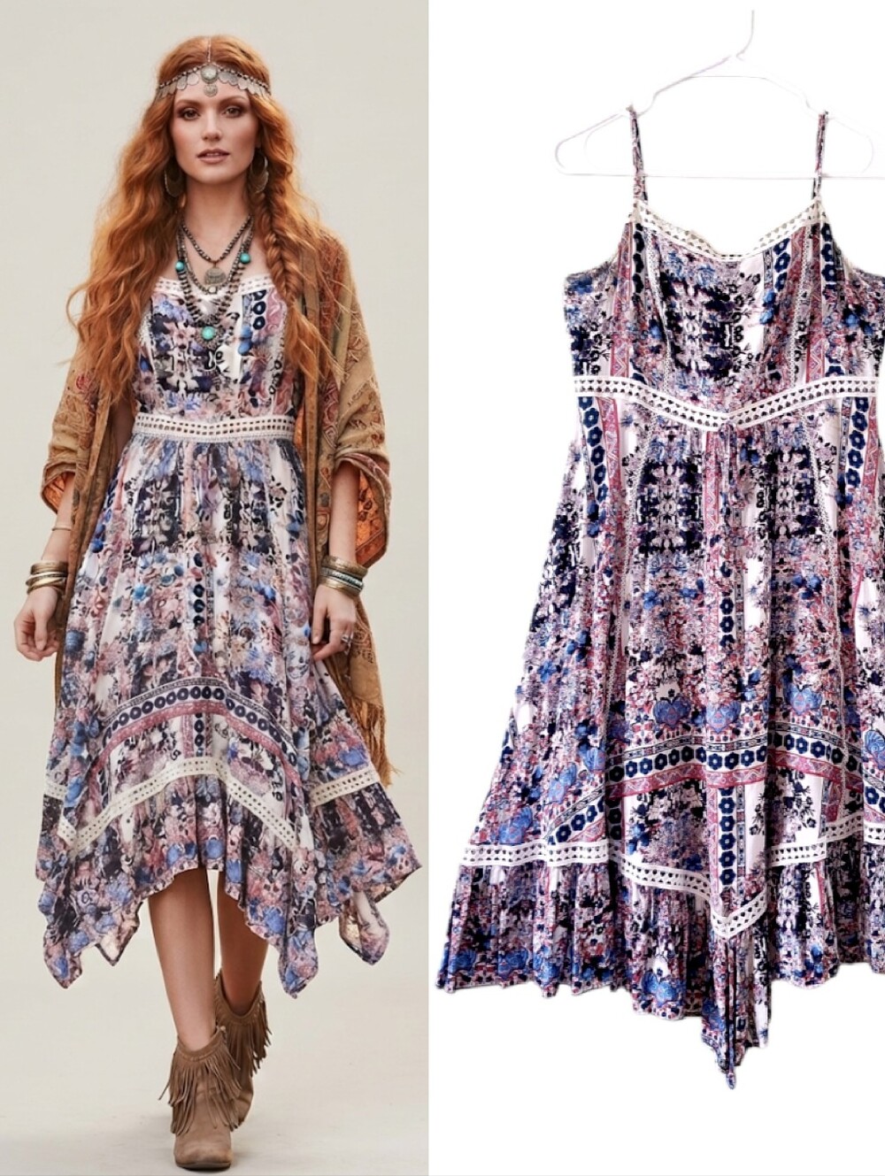 Lulumari Multi Boho Floral Printed Handkerchief Hem Midi Dress Large